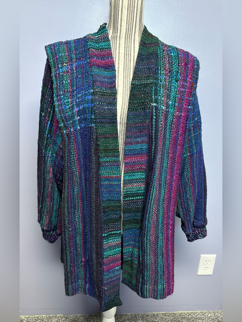 Vintage Joy Boatwright Multicolor handwoven Open-Front Cardigan Sweater S/M